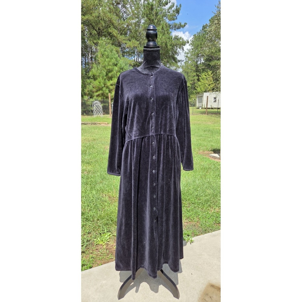 Vintage Eddie Bauer Black Velvet Maxi Dress Gothic Witchy Long Sleeve Large